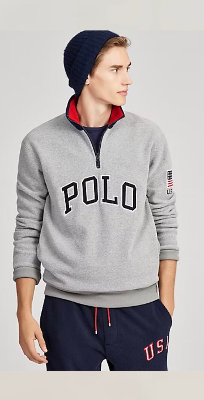 Polo Ralph Lauren 1/4 Zip Fleece USA Flag Gray Navy Pullover Preppy Spellout XL